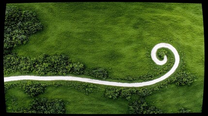 An aerial perspective captures a striking white dirt road as it meanders through vibrant green fields and dense trees, forming a distinctive spiral shape.
