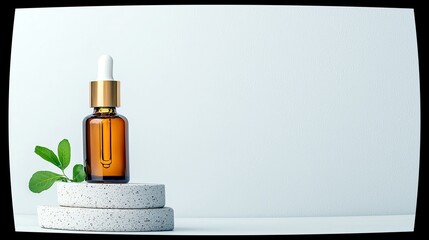 An amber glass dropper bottle with a gold cap and white dropper rests on two textured stone pedestals, accented by a green leaf.