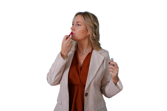 Blonde woman applying pink lipstick, getting ready for work, performing daily beauty ritual, transparent background
