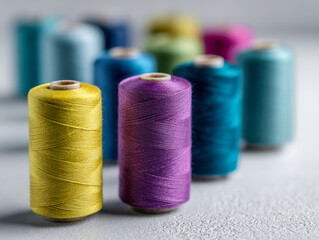 Several vibrant spools of sewing thread in yellow, purple, and blue arranged on a textured surface with soft focus background featuring additional colorful threads