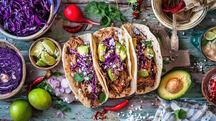 carnitas. Colorful Mexican taco ingredients arranged artistically on a rustic wooden surface. menu design, packaging mockups, designed for culinary blogs and recipe cards for restaurants.