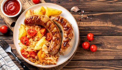 Grilled Sausages with Sauerkraut and Tomatoes - A Delicious Meal.