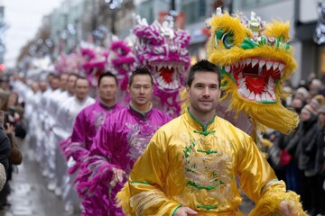 Colorful dragon dance parade captivates crowd during festive celebration in the city center