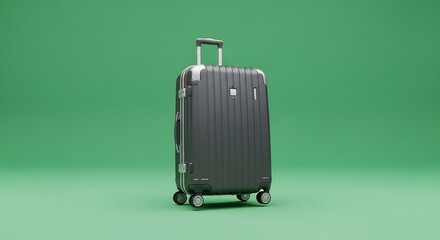 A black hard-shell suitcase with wheels and an extended handle standing upright on a green background, ready for travel or vacation