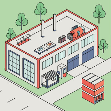 Isometric illustration of a modern factory building with solar panels, trees, and a small office building isolated on a sustainable industrial complex