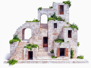 An old stone structure with weathered walls, archways, and numerous staircases, partially covered in lush green vegetation.