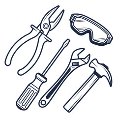 Illustration of a set of hand tools, including pliers, safety glasses, a screwdriver, an adjustable wrench, and a hammer, isolated on
