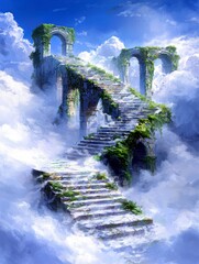 An ancient stone staircase, partially overgrown with vines, winds upwards through fluffy white clouds against a vibrant blue sky.