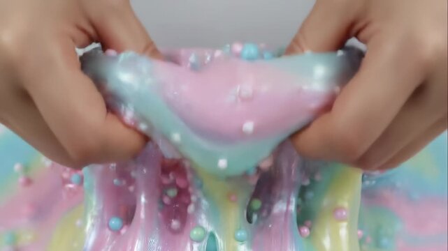 Close-up of hands playing with colorful pastel slime. Squeezing and stretching a gooey, textured substance with beads. ASMR and satisfying sensory video concept