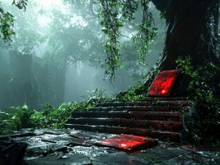 A mystical scene unfolds in a rainy forest with ancient stone steps and glowing red artifacts nestled amongst lush greenery and a large tree.