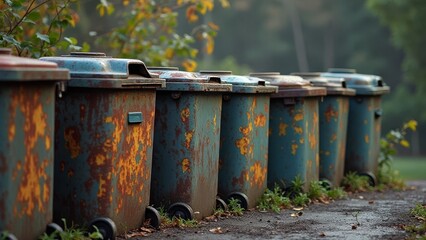 Eine REihe alter Mülltonnen