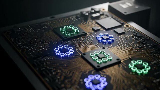 Advanced Quantum Computing Processor with Glowing Circuitry, High-Tech Innovation for Future Technology Applications