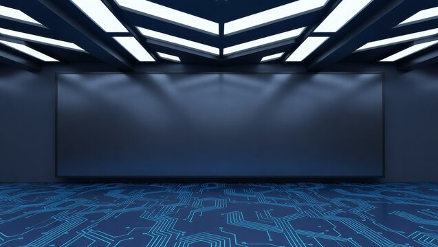 Futuristic tech room with circuit floor and blank screen