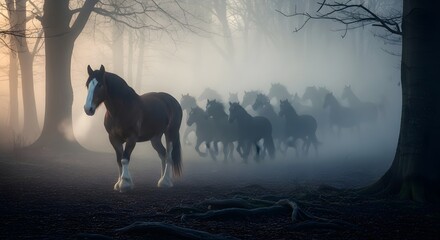 A solitary horse standing in a foggy forest with a herd of horses in the background during early morning hours