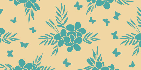 A charming seamless pattern featuring exotic teal plumeria flowers, palm fronds, and delicate butterflies on a soft beige background, evoking a tropical summer feel