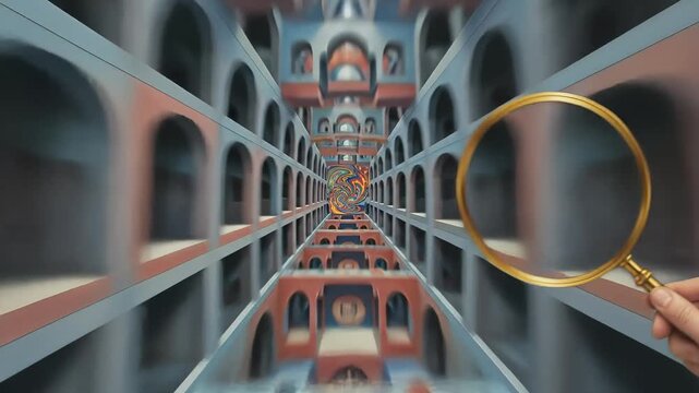 Psychedelic animation zooming through a magnifying glass into a painting. Surreal journey through an infinite recursive hallway. Abstract art and optical illusion concept