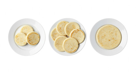 Fototapeta premium Cornmeal arepas arranged on white plates in assorted servings displayed in clean studio composition 