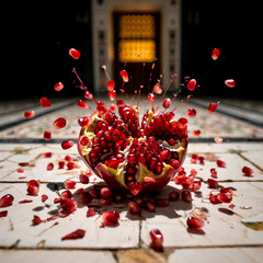 Explosion of Pomegranate Seeds Bright Red Fruit on Tiled Surface