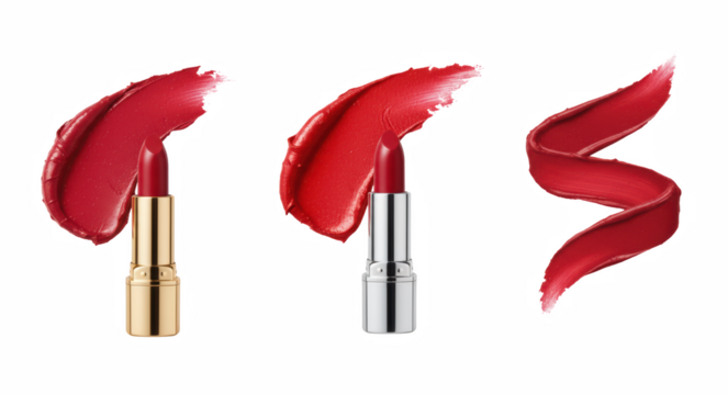 Vibrant red lipstick swatches with gold and silver tubes arranged in a clean studio beauty composition
