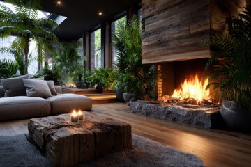 Fototapeta premium Cozy indoor living area with fireplace and abundant greenery in natural light