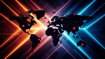 Digital world map with red dots on neon background