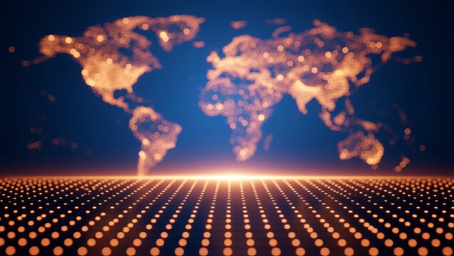 Glowing world map over digital grid