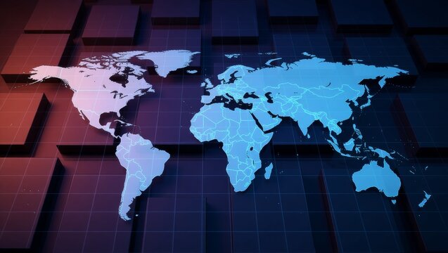 World map with grid and 3D blocks