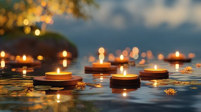 Serene floating candles cast a warm glow on the tranquil waterscape.