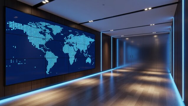 Digital world map display in modern office interior - Powered by Adobe