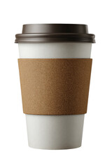 Disposable paper cup with dark lid and cardboard sleeve