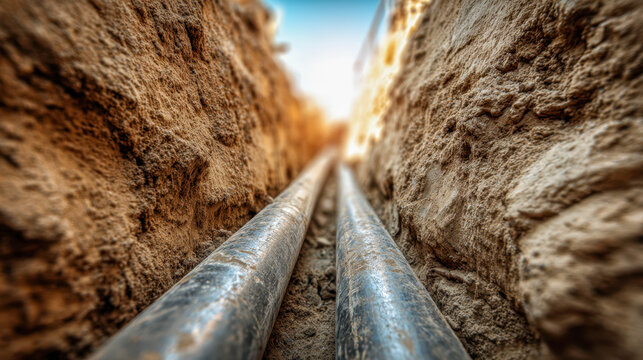Two metal pipes laid in a narrow trench surrounded by rugged soil under a bright blue sky during daytime construction work