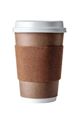 A disposable cup with a white lid and a textured brown sleeve
