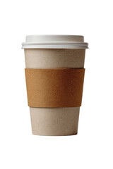 A disposable paper cup with a white lid and brown paper sleeve