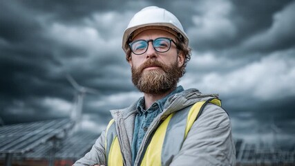 Engineer's Stance: A determined engineer, stands against a backdrop of industrial infrastructure, embodying expertise and resilience in the face of challenging conditions.