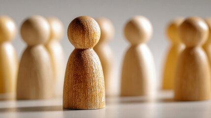 Wooden figurine standing alone in front of a group of blurred figures symbolizing leadership, individuality, and social dynamics concept in soft lighting