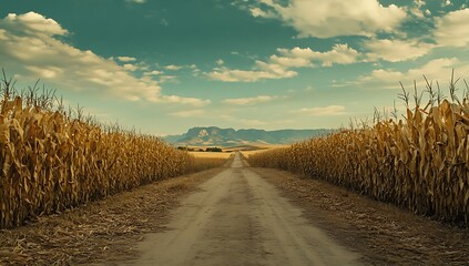 Empty dirt road through dry cornfield with distant mountains and cloudy sky empty road rural