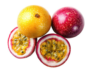 Vibrant passion fruits, one halved revealing juicy pulp and seeds