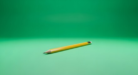 A yellow pencil lying diagonally on a solid green background with a smooth surface and even lighting, creating a simple and vibrant composition