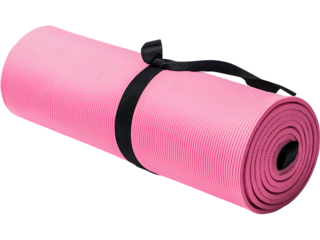 Rolled pink yoga mat with black strap isolated on transparent background, perfect for fitness and lifestyle designs.