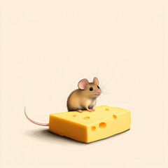 Fototapeta premium Cute mouse sitting on yellow cheese, minimal background, adorable animal illustration