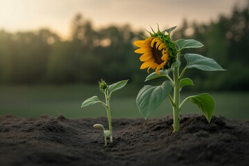 Growth Stages of a Sunflower Plant Emerging from Soil