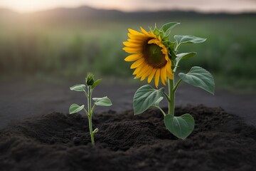 Sunflowers Growing Strong Young Plants in Rich Soil