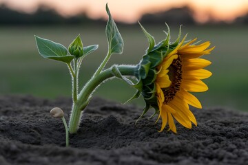 Sunflower Growth Cycle Emerging from Earth at Sunrise