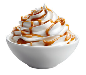 Creamy soft serve ice cream swirled and drizzled with caramel sauce