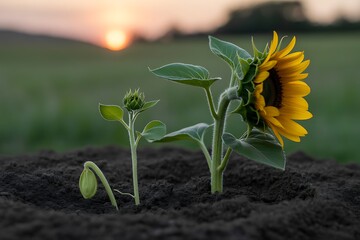 Sunflower Sprouts Emerge from Soil at Sunset