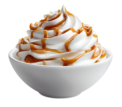 Creamy soft serve ice cream swirled and drizzled with caramel sauce
