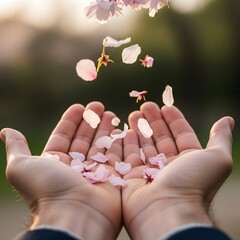 A pair of hands gently catching falling pink flower petals outdoors during sunset, creating a peaceful and delicate scene that emphasizes nature and tranquility