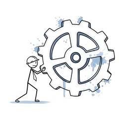 Obraz premium Small figure pushing giant gear symbolizing teamwork effort and process optimization