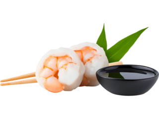 Asian shrimp dumplings with soy sauce bottle isolated on transparent background, perfect for food, menu, and restaurant designs.
