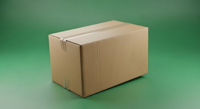 A plain cardboard box with tape on a green background, ready for shipping or storage purposes